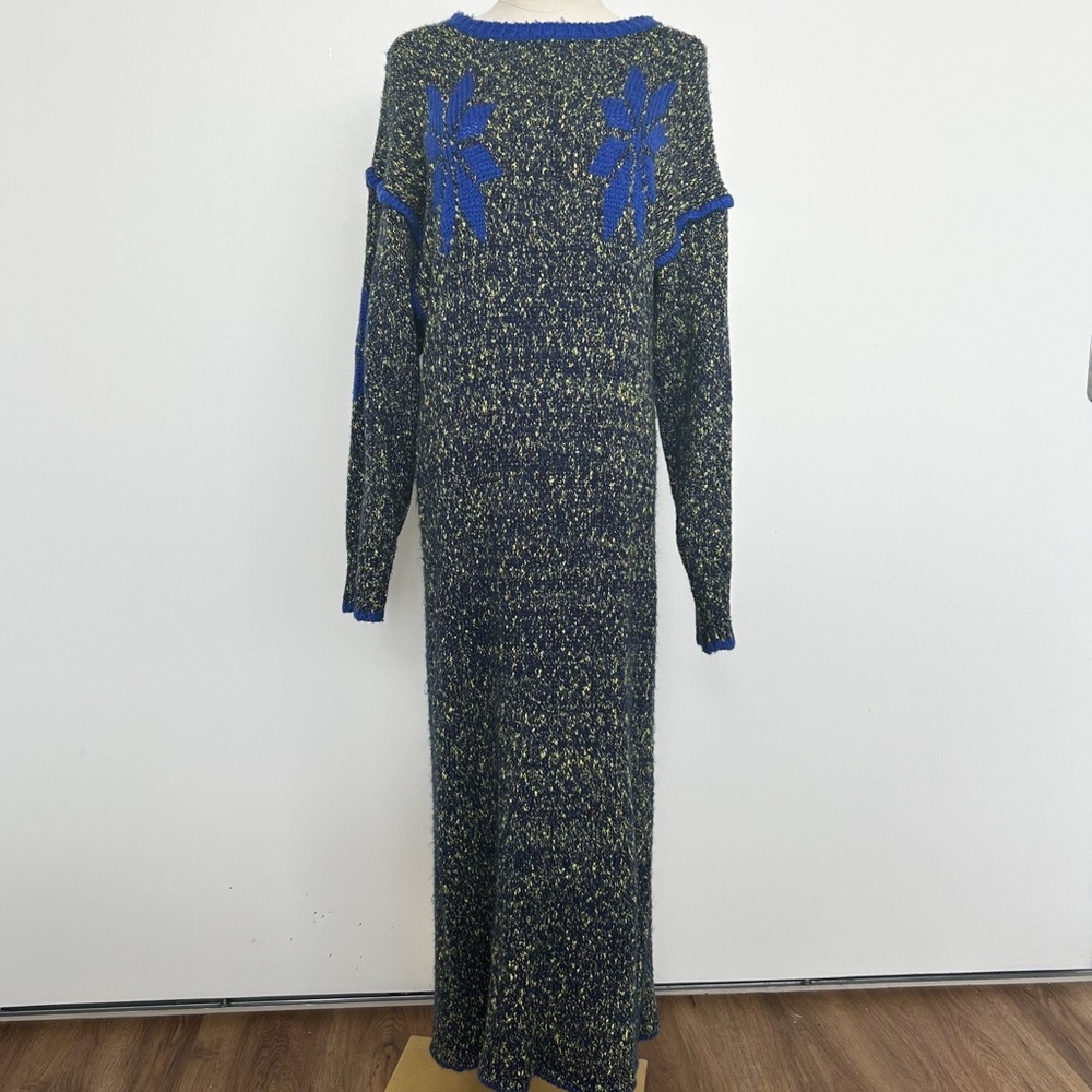 Vintage Blue and Yellow Knit Wool Maxi Sweater Dress